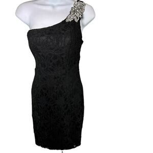 City Triangles Womens 3 Juniors Little Black Lace Jeweled One Shoulder Dress Zip